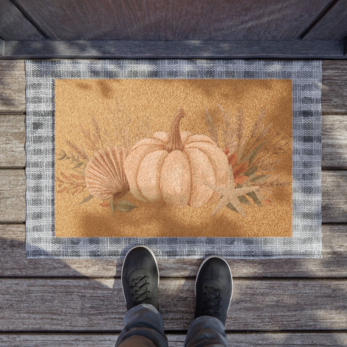 Pumpkin Fall Coastal Outdoor Mat – Rustic Autumn Welcome Doormat for Front Porch & Entryway