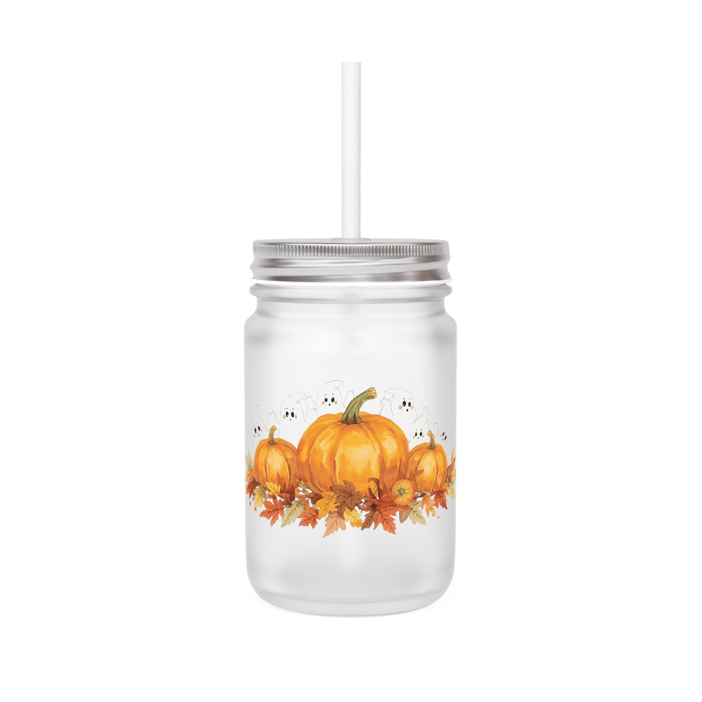 Halloween Pumpkin Coffee Cup with Straw – Frosted Glass Cup with Lid, Festive Fall Drinkware for Iced Coffee