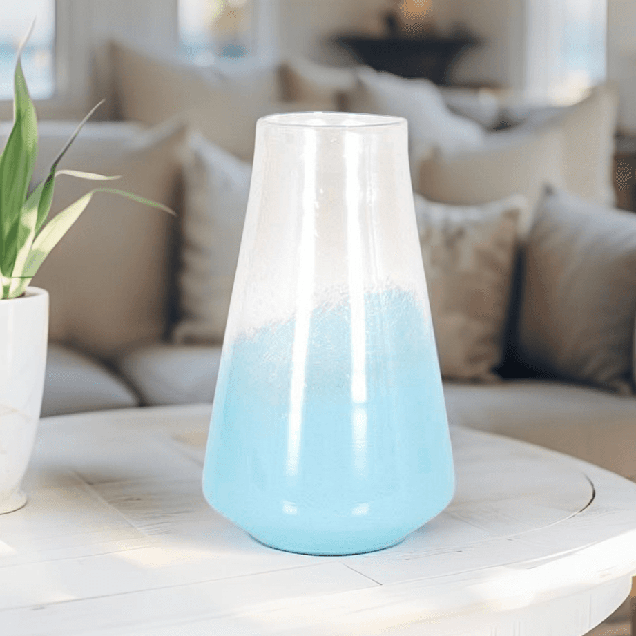 13.5 inch tall blue ombre vase with white flowers on console table