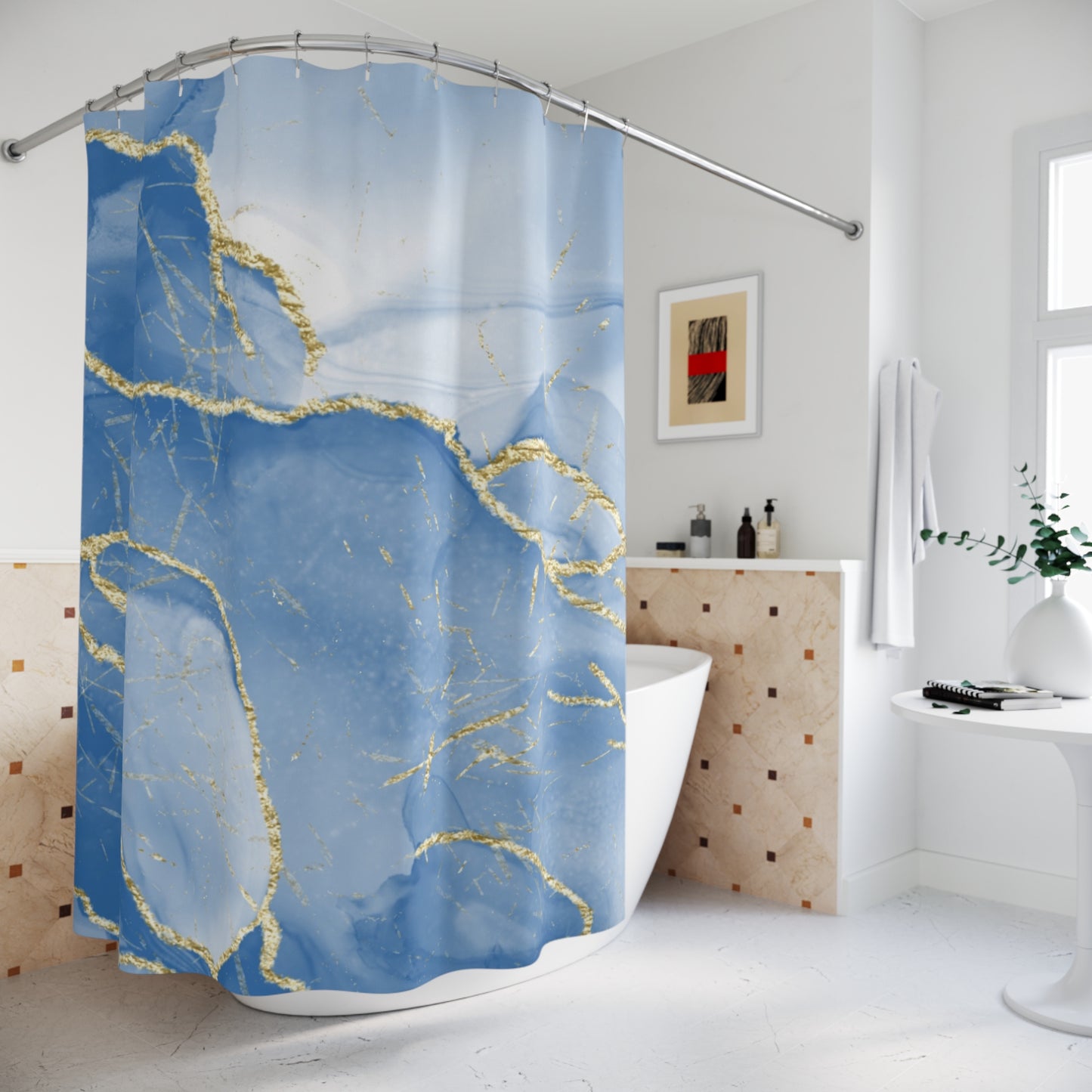Elegant Coastal Blue Marble Shower Curtain with Gold Accents