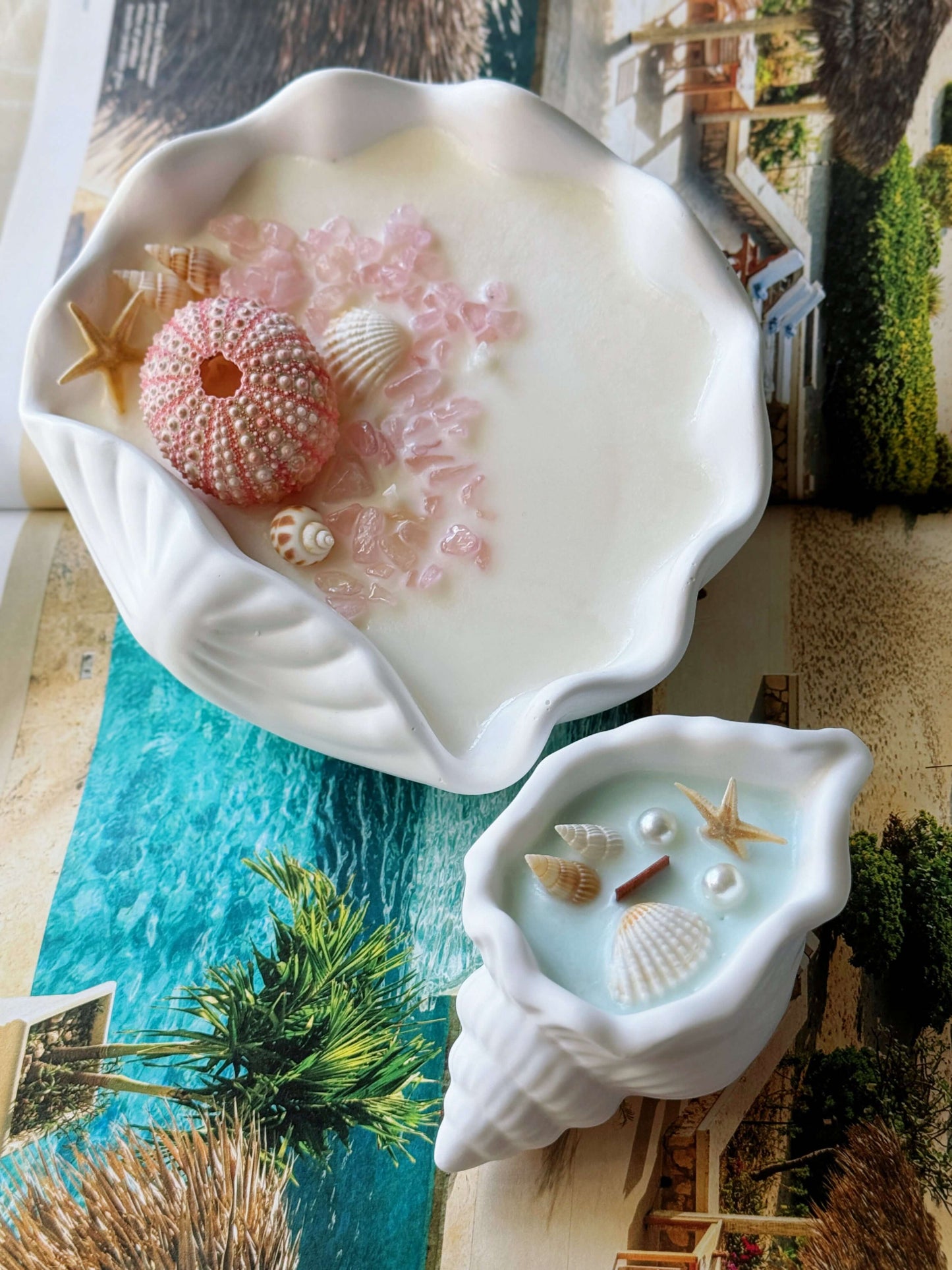 Luxury Clam Shell Candle Bowl with Pink Sea Urchin & Crystal Embeds