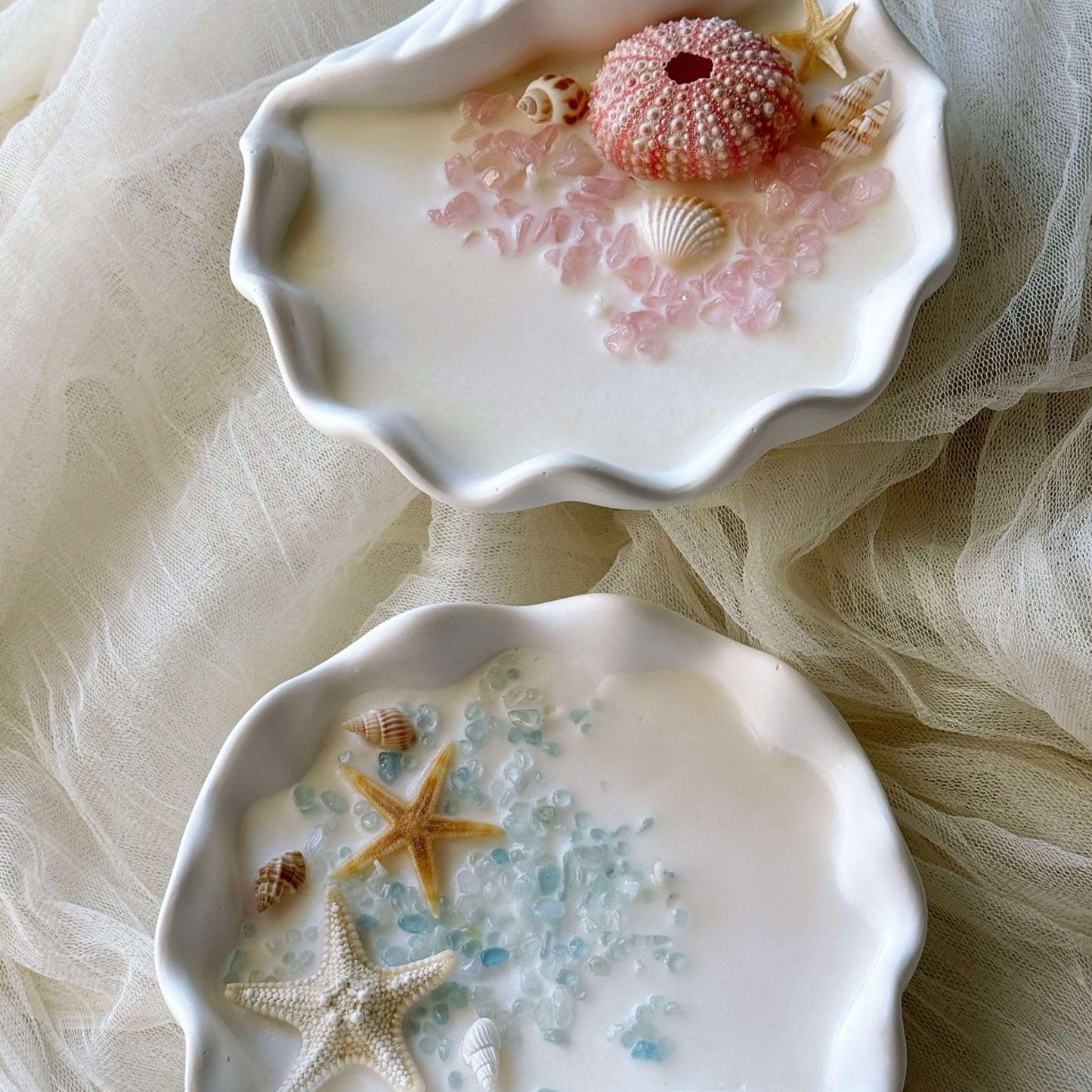 Luxury Clam Shell Candle Bowl with Pink Sea Urchin & Crystal Embeds