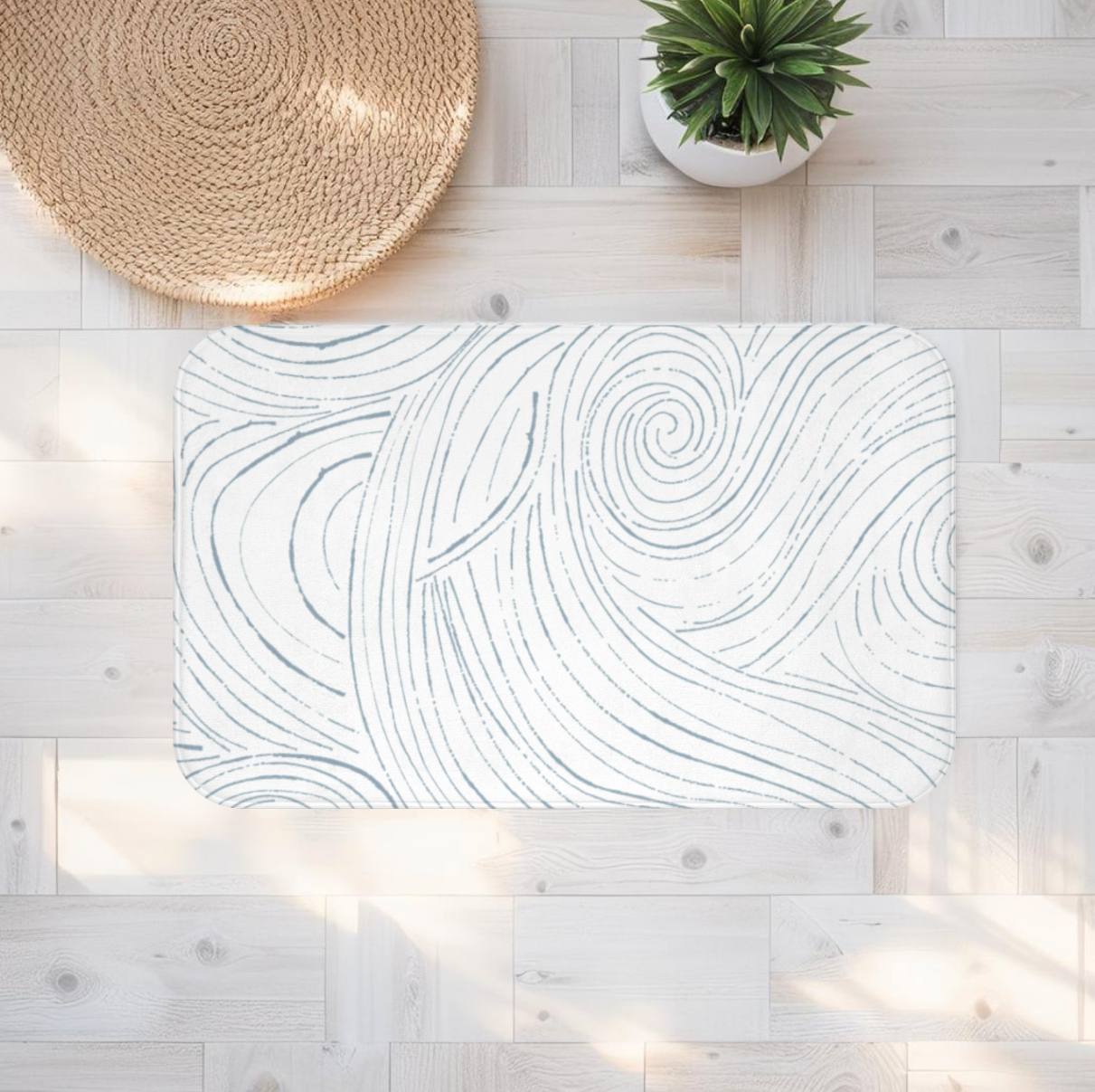 Coastal Blue & White Non-Slip Bath Mat