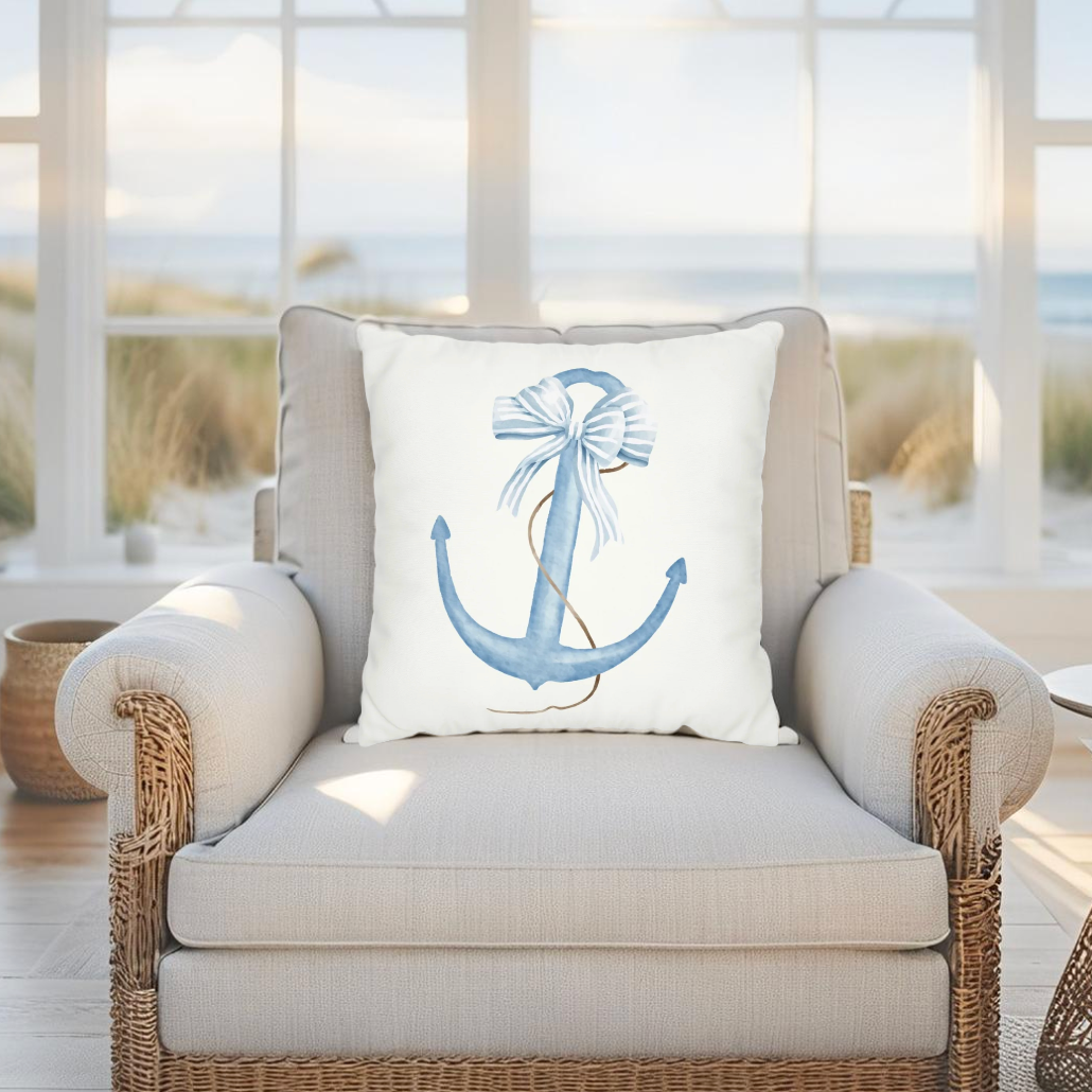 Anchor-themed throw pillow ideal for beach houses and nautical living spaces.