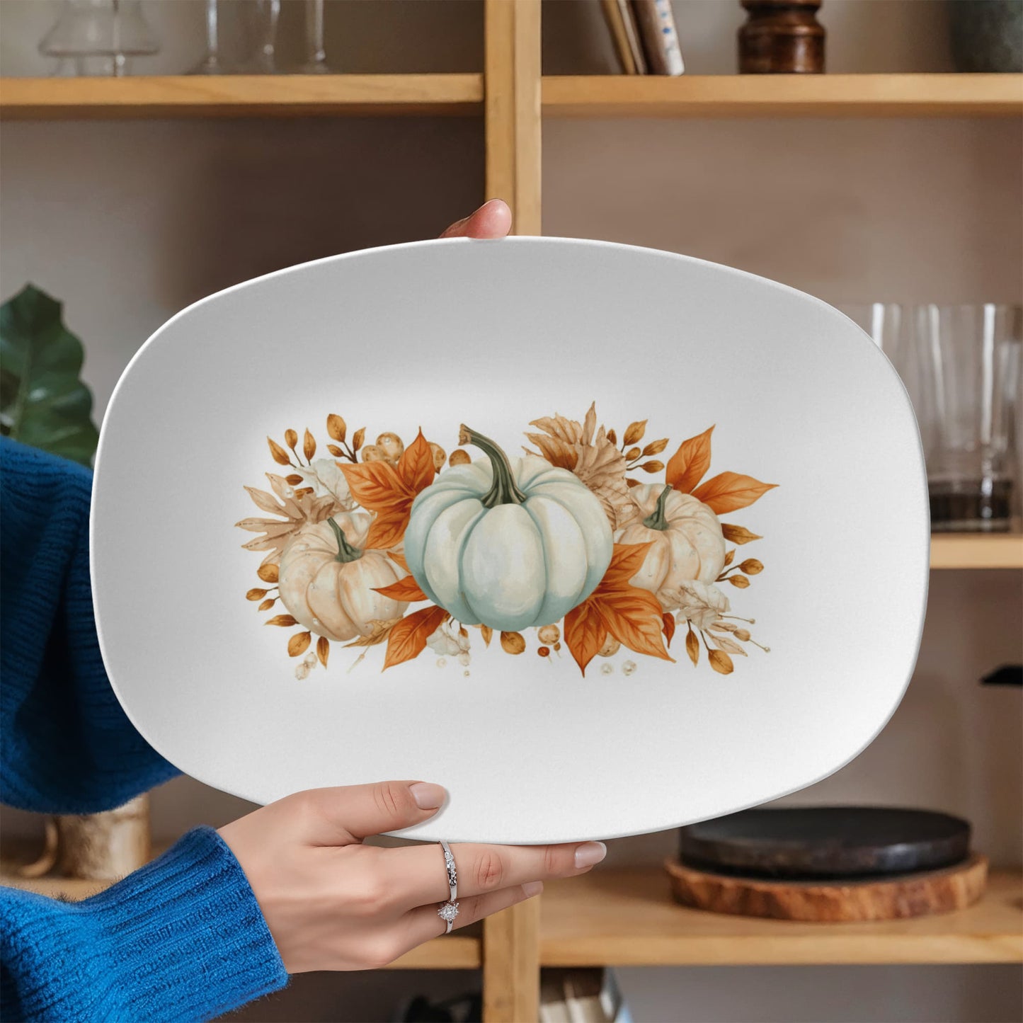 Rustic Coastal Fall Serving Tray – Turquoise Pumpkin & Autumn Leaves Farmhouse Decor