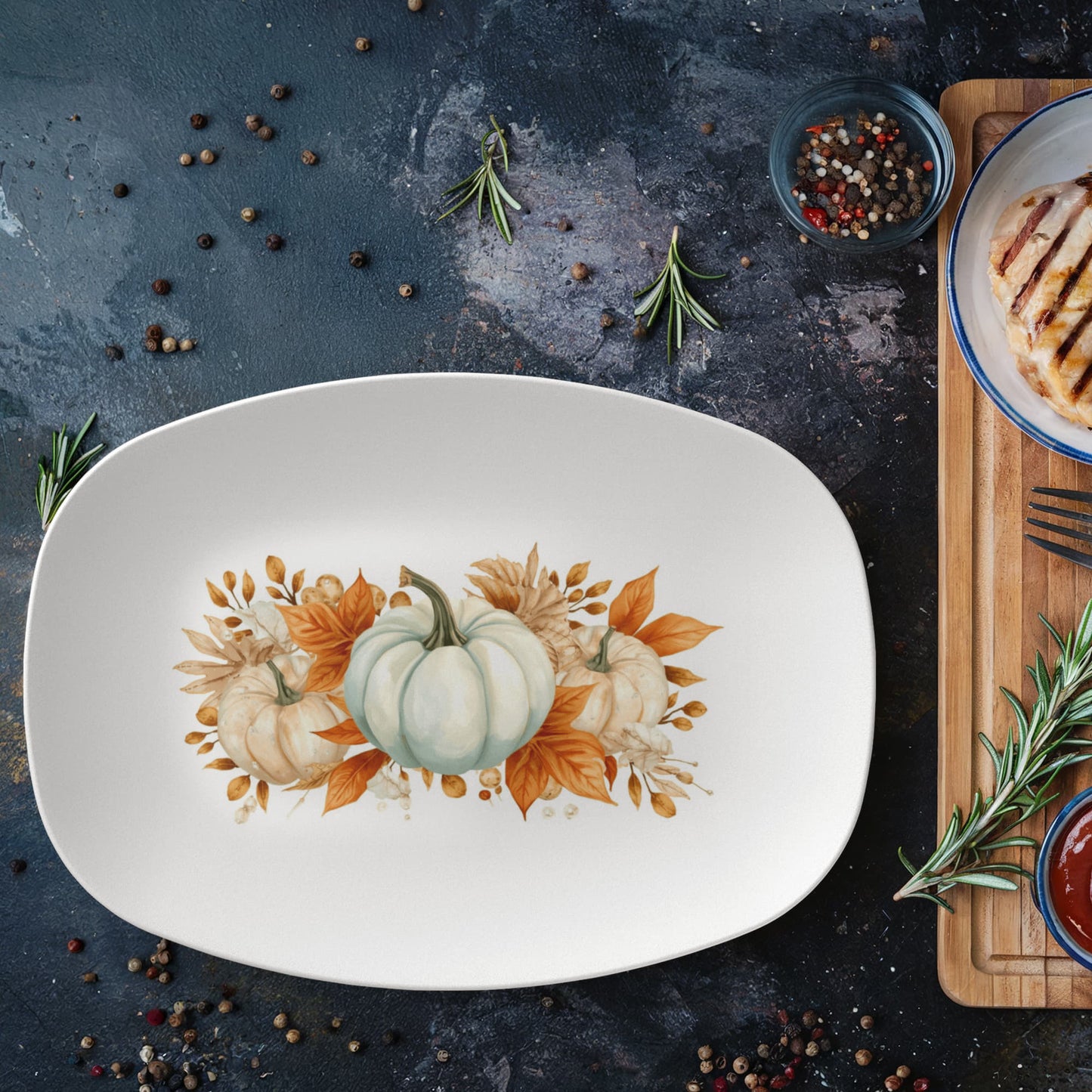 Rustic Coastal Fall Serving Tray – Turquoise Pumpkin & Autumn Leaves Farmhouse Decor