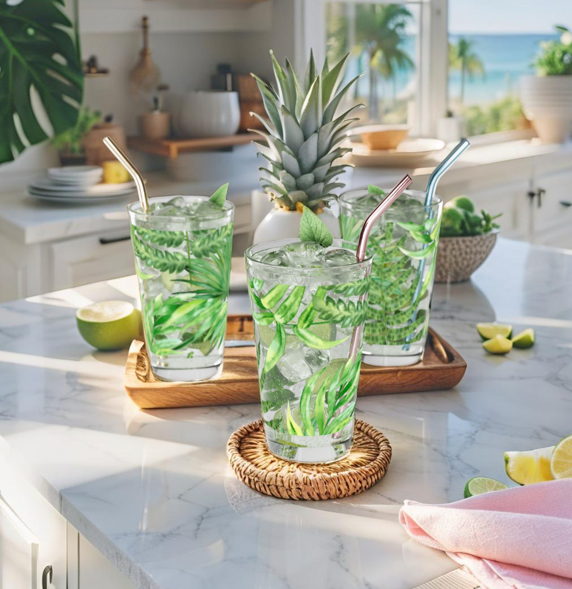 Banana leaf design pint glass with tropical jungle vibes.