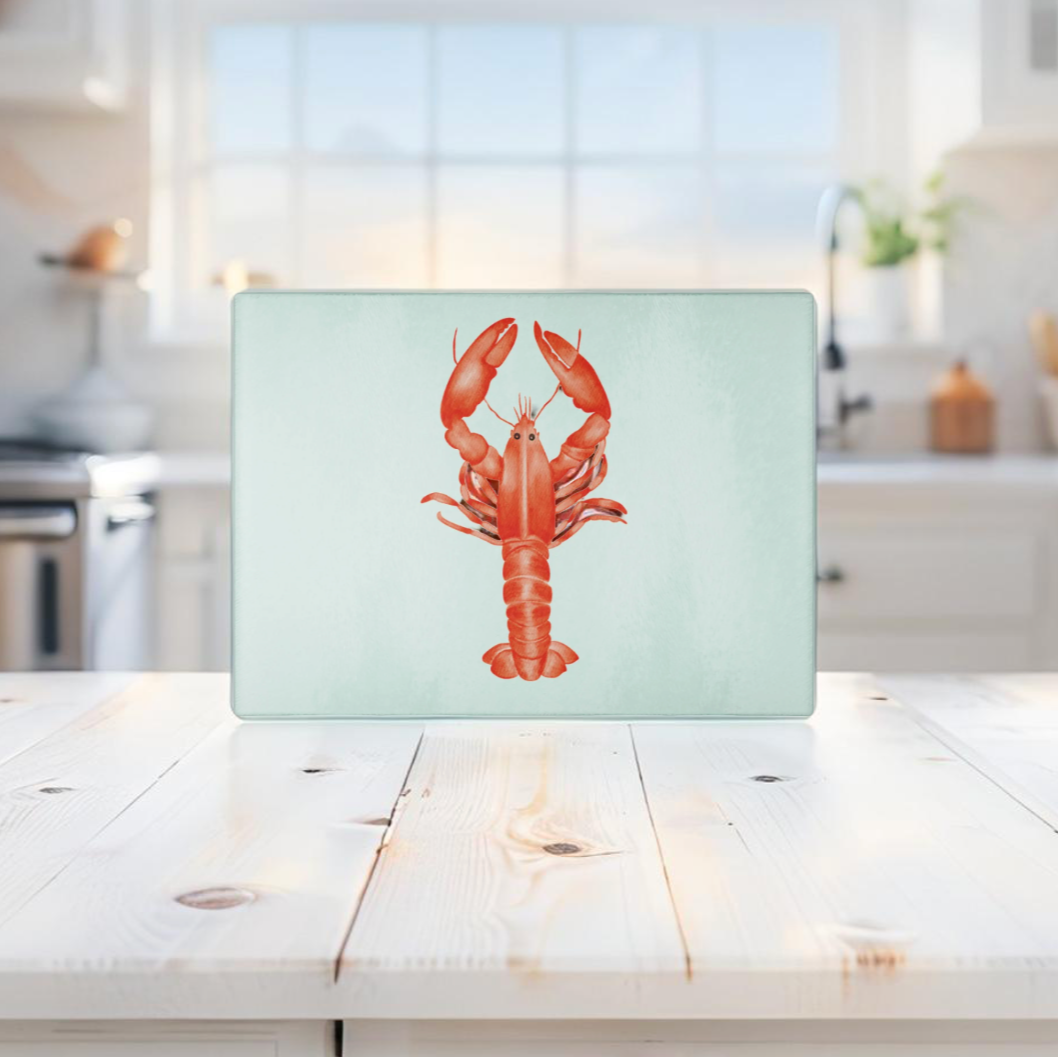 Lobster kitchen decor displayed in a beach house setting