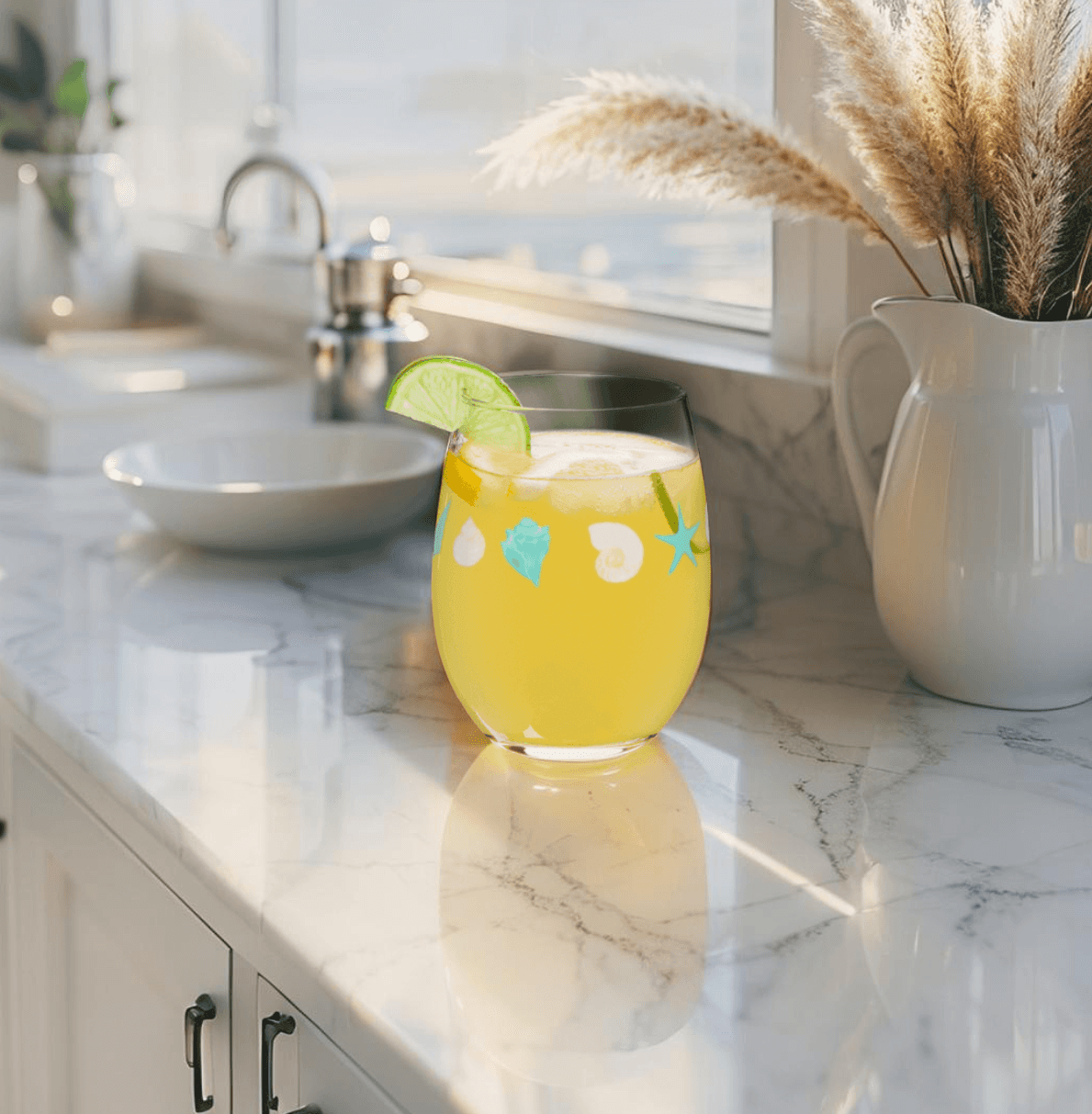 Beach house stemless wine glass with marine life artwork and coastal flair