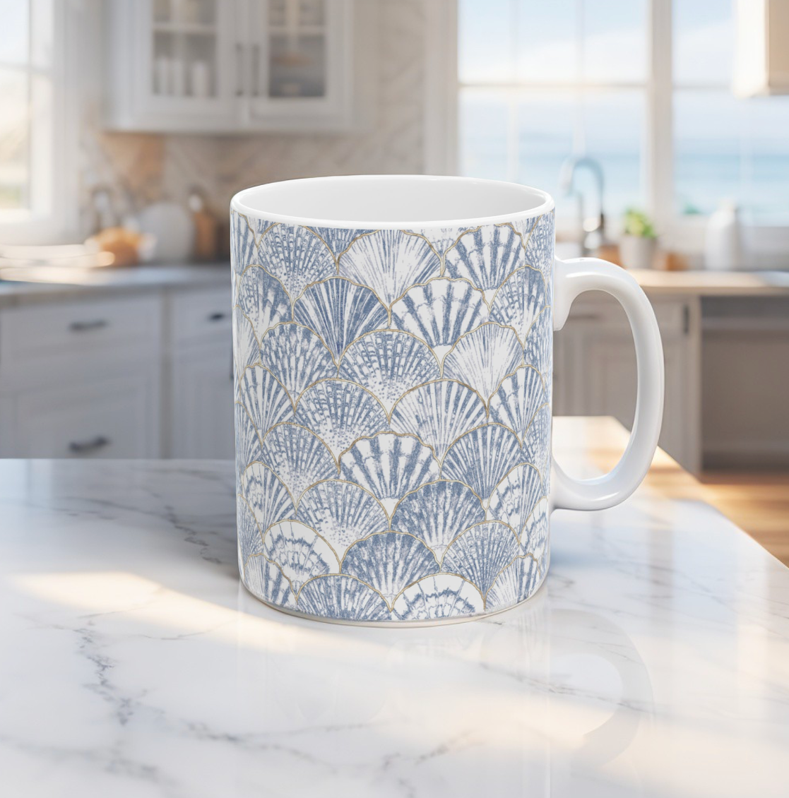 Blue Seashell Pattern Ceramic Mug - Perfect for Beach Lovers, Gift for Friends, Coffee Lover's Mug, Home Decor, Ocean Vibes