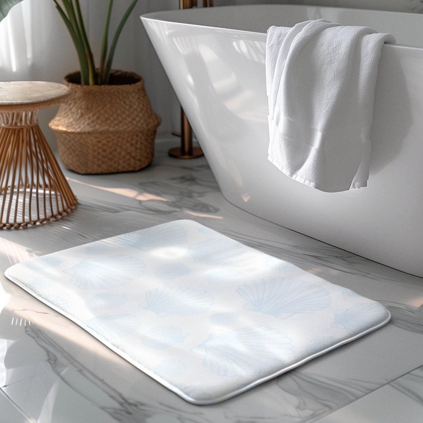 Soft coastal bath mat featuring a beachy seashell pattern, perfect for a seaside-inspired bathroom