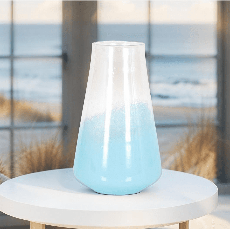 Blue ombre crystal vase with Mediterranean coastal design