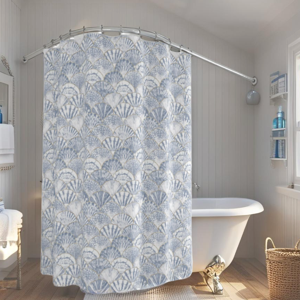 Nautical blue seashell shower curtain hanging in modern bathroom