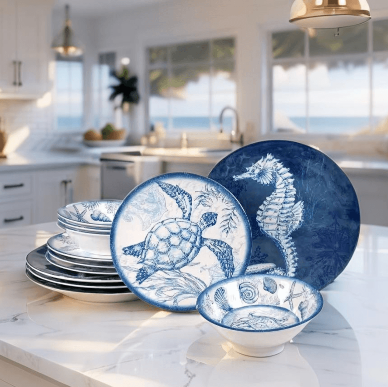 12-piece sea shell dinnerware set in blue and white for coastal table decor