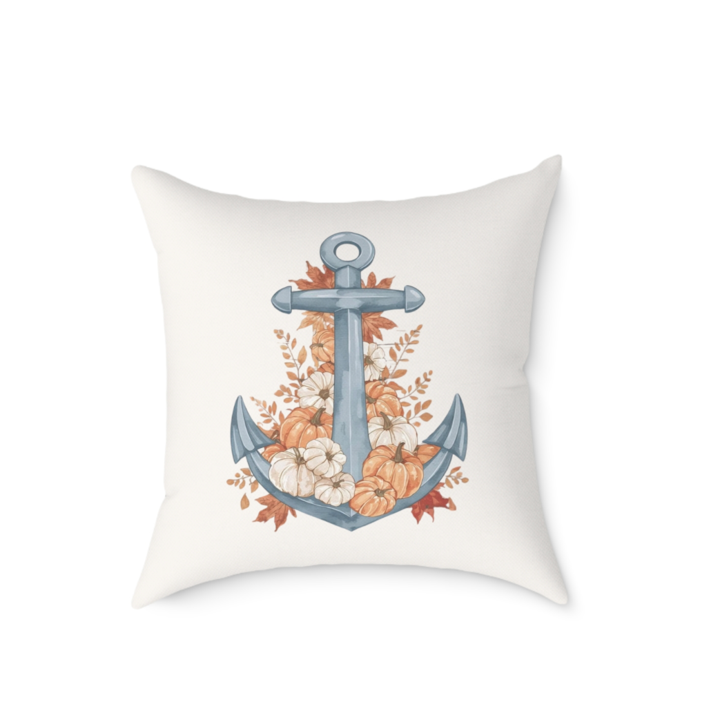 Decorative fall throw pillow with an anchor design on a white background
