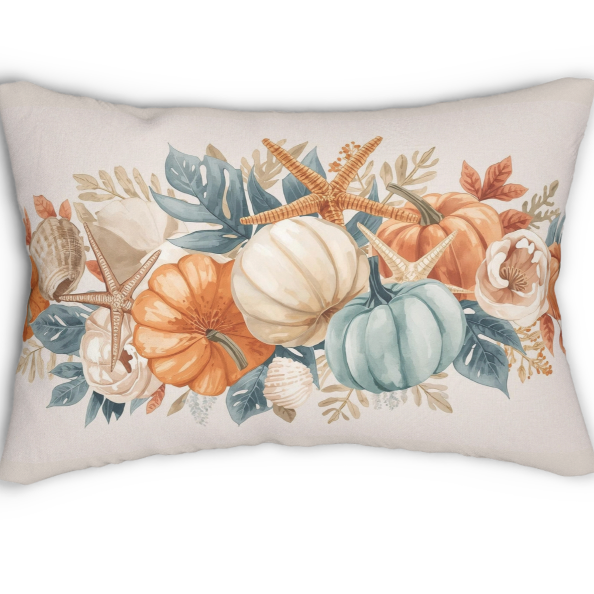 Decorative pillow with pumpkins, leaves, and seashells on a beige background