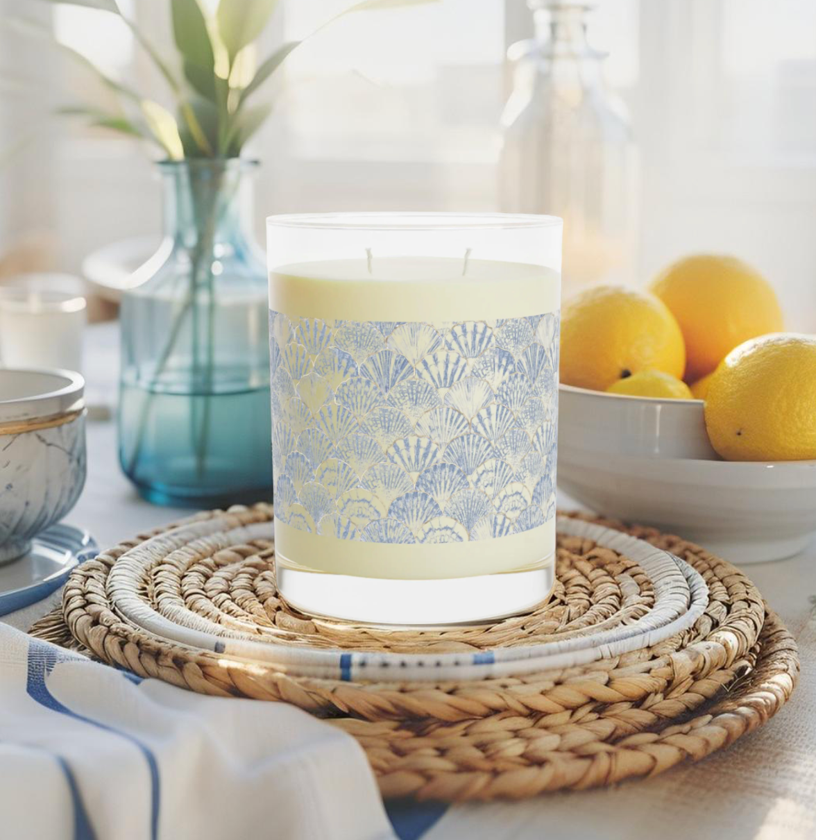 Coastal home decor candle with soft scent