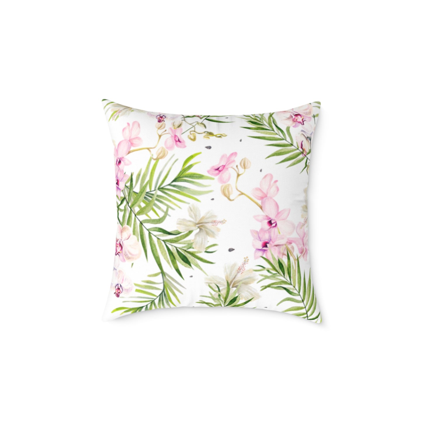 Coastal home decor pillow with green and pink floral tropical design.