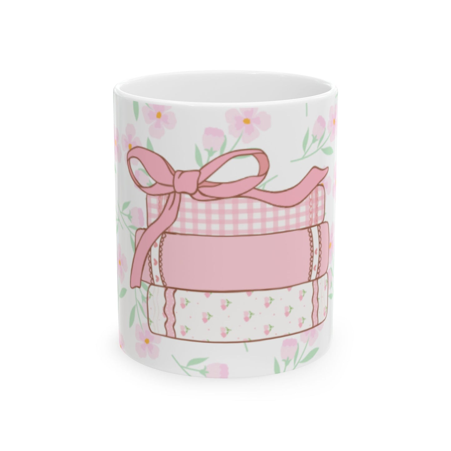 Detail of bow design on coquette coffee mug