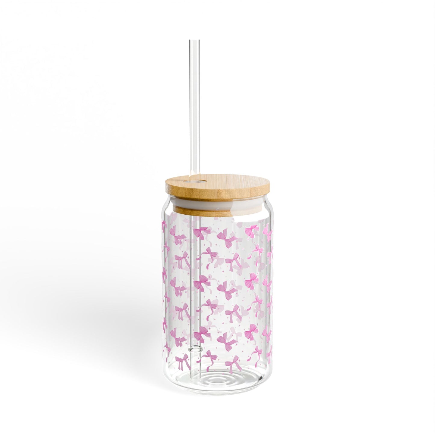 Coquette-style pink bow sipper glass, featuring delicate and playful bow designs