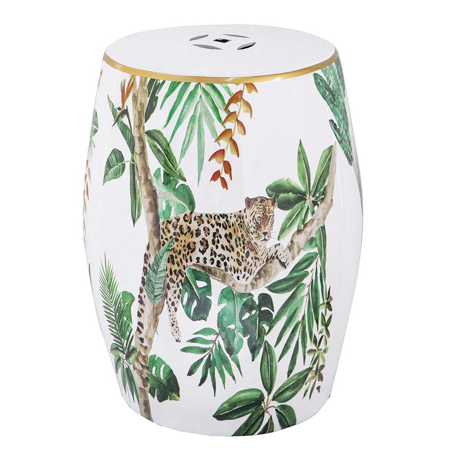 Leopard Print Ceramic Garden Stool Jungle Palm Side Table Gold Trim