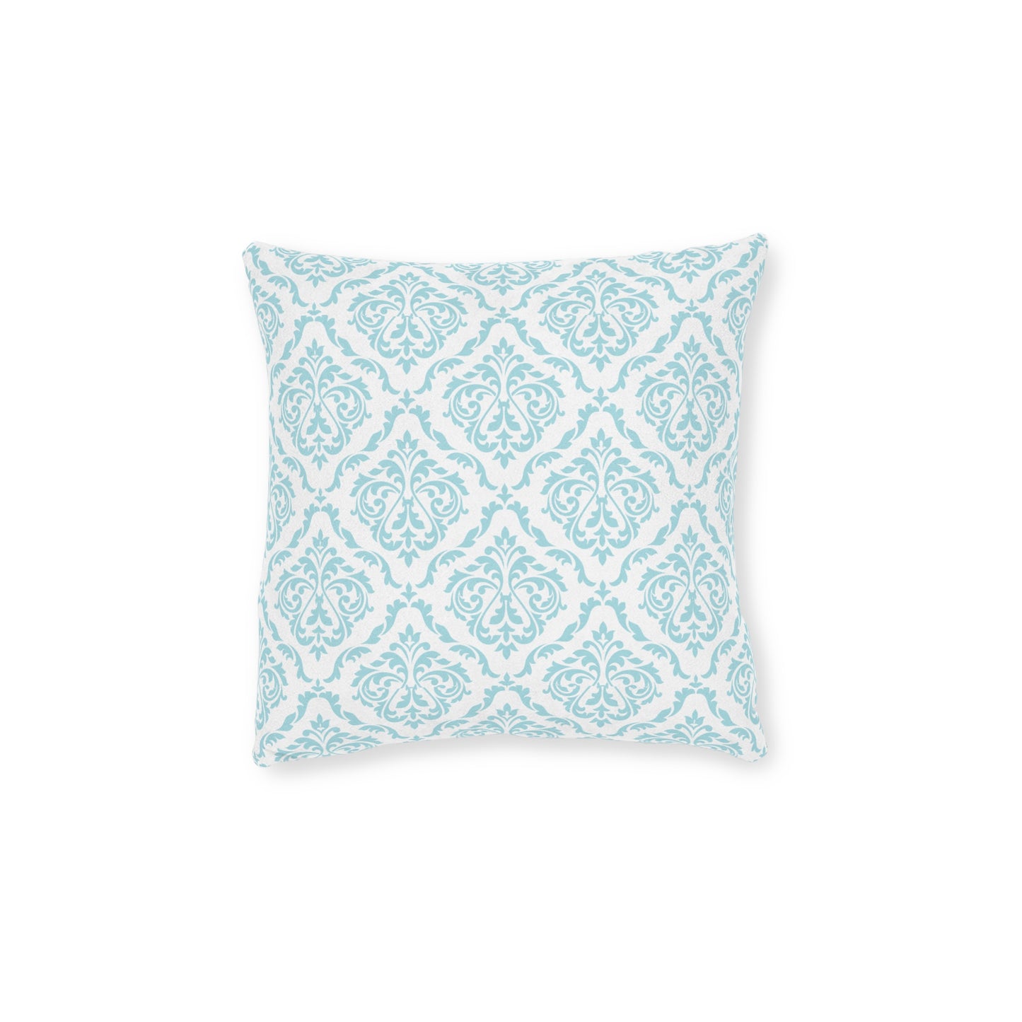 Close-up of aqua damask pattern on decorative throw pillow