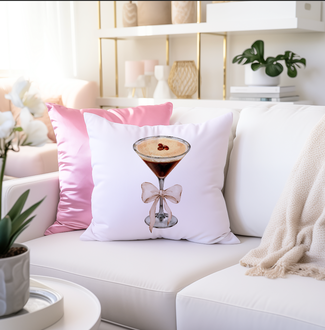 Espresso martini pillow with pink bow and coquette aesthetic