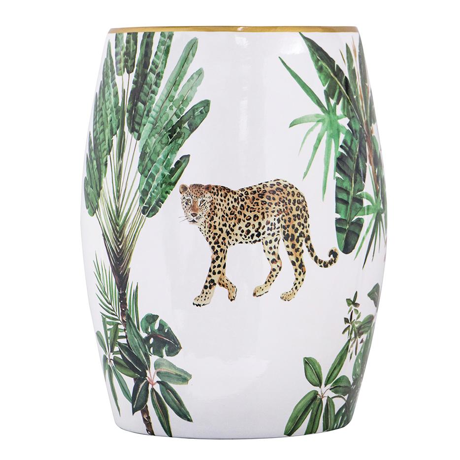 High-Fired Ceramic Drum Stool Gold Trimmed Leopard and Palm Leaf Print