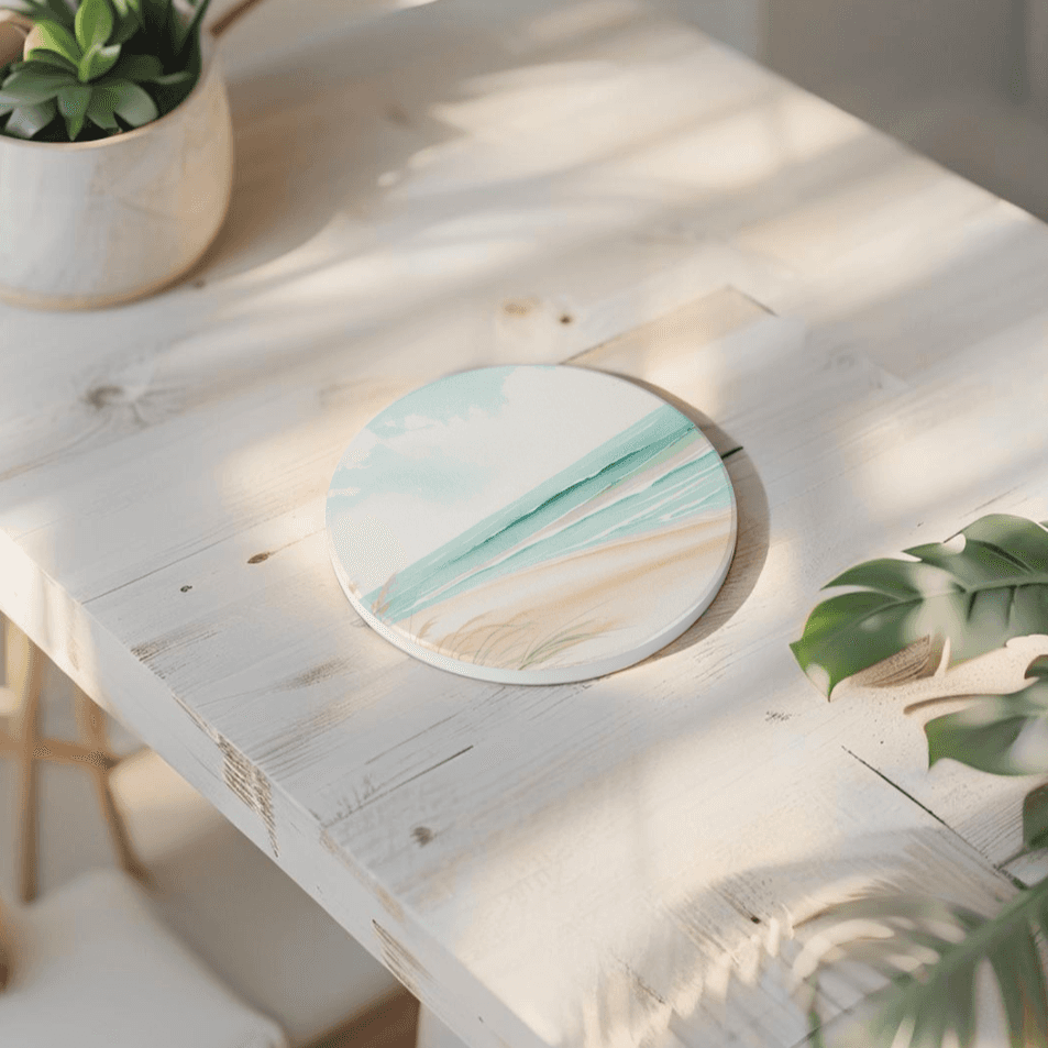 Hand-painted style watercolor beach coaster set – perfect coastal gift idea