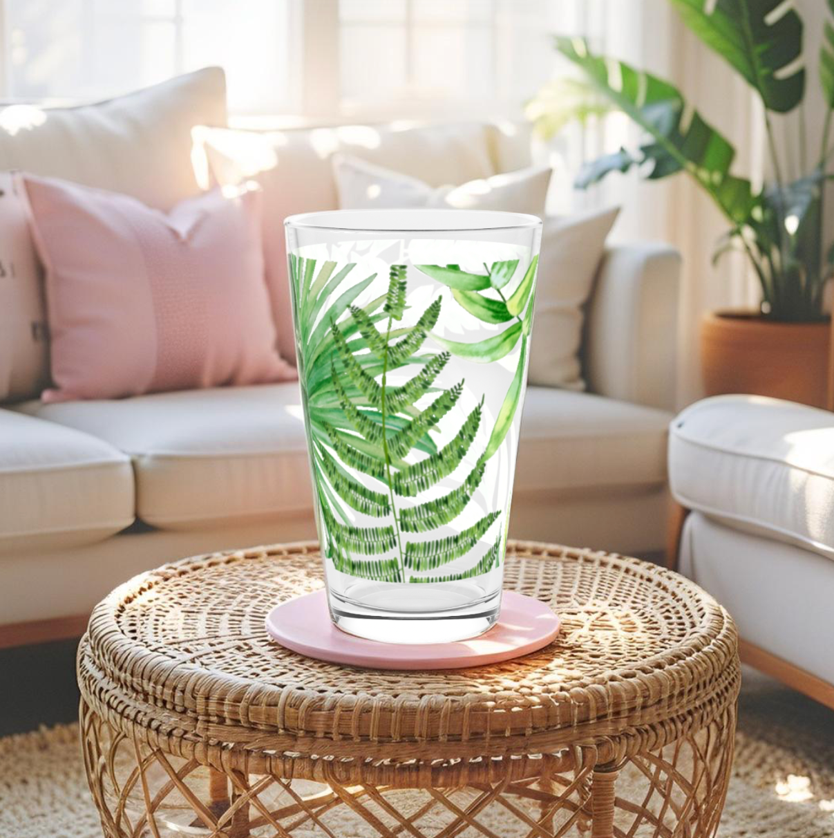 Hawaiian tropical print beverage glass for island-inspired drinks.
