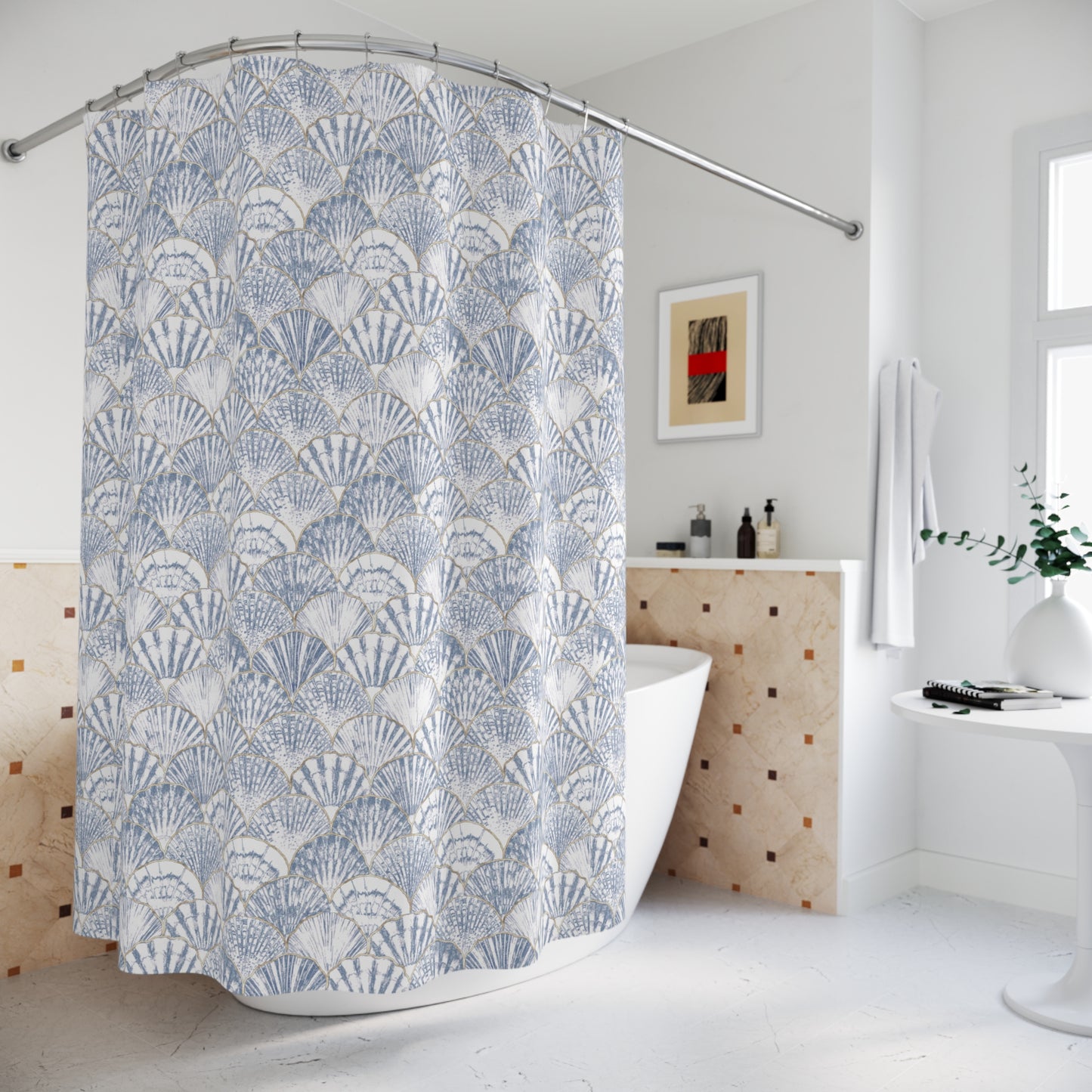 Minimalist white seashell shower curtain, a subtle yet elegant beach-inspired decor piece