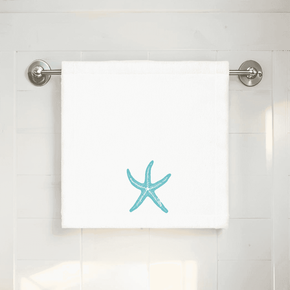Nautical bathroom accessory featuring a starfish print face towel