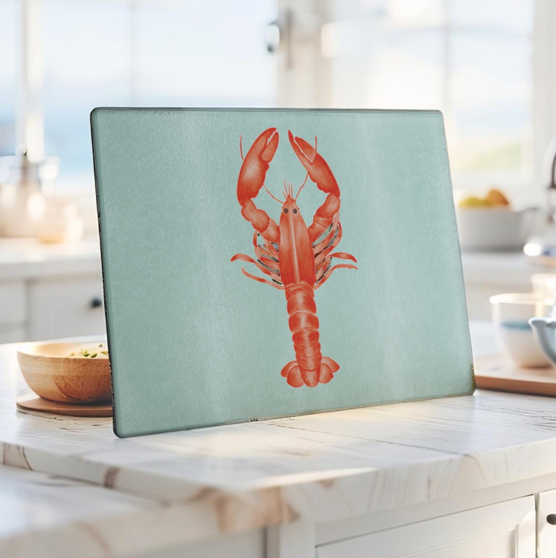Close-up of red lobster design on tempered glass cutting board