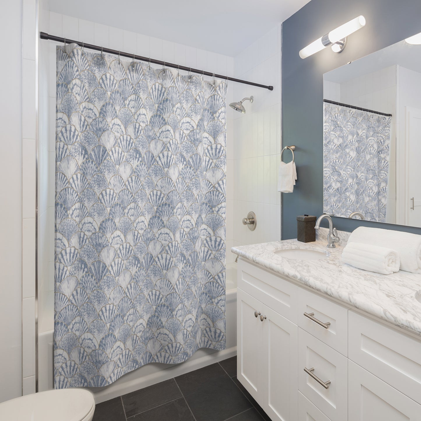 Nautical seashell-themed shower curtain with marine-inspired details, perfect for beach lovers.