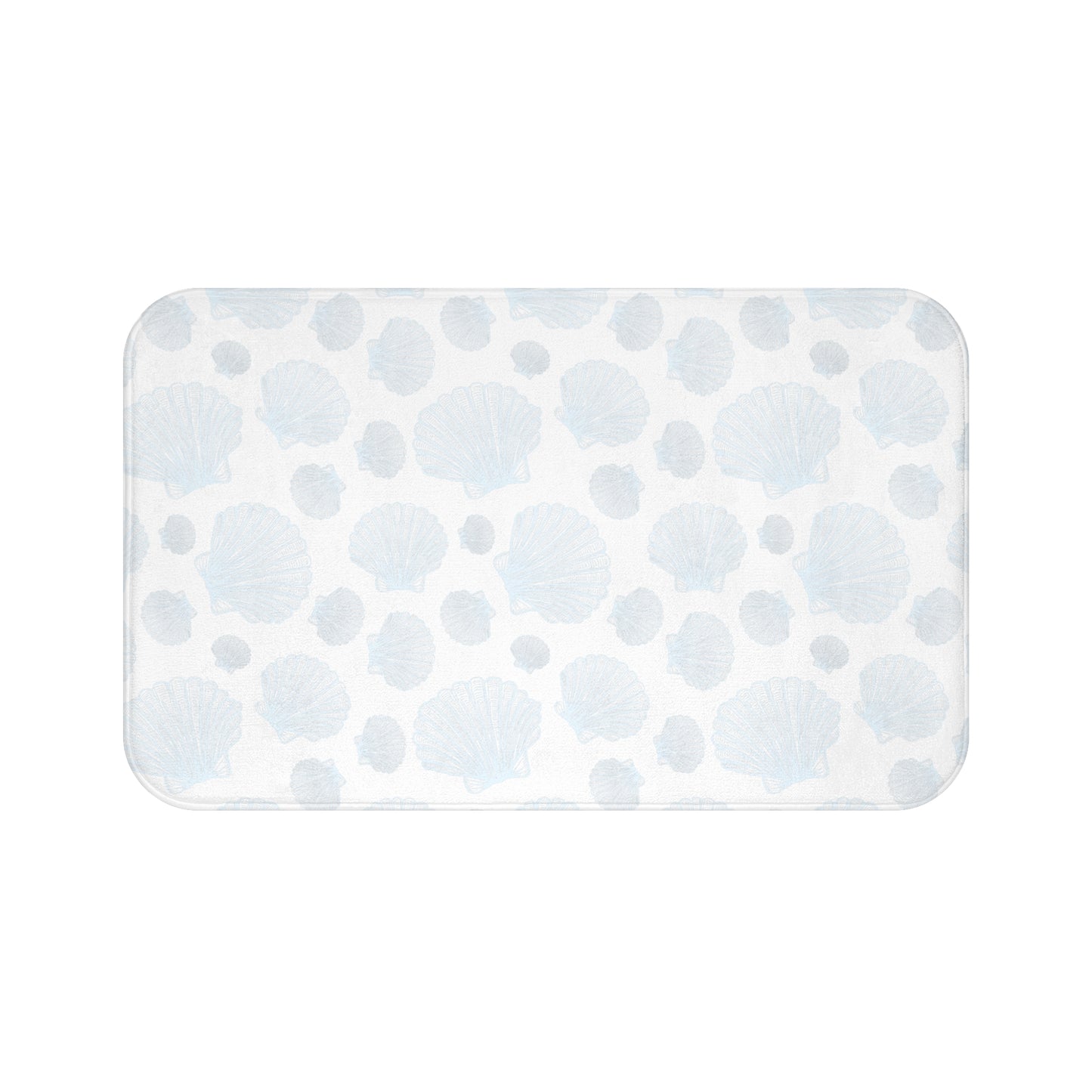 Ocean blue bath mat with delicate seashell designs, bringing a coastal touch to your home