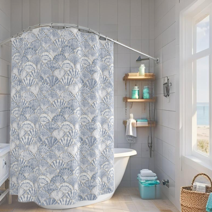 Seashell print shower curtain for beach house bathroom decor
