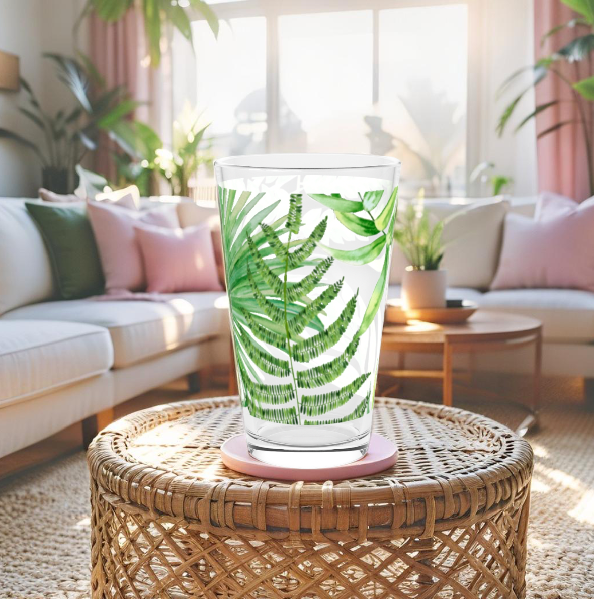 Pink tropical glass cup with floral design, ideal for cute summer aesthetics.