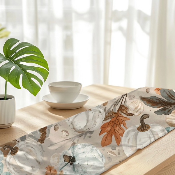 Table runner with autumn-themed design on a table with a plant and bowls.