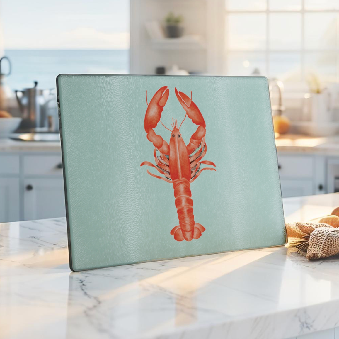 Red lobster cutting board on marble kitchen counter