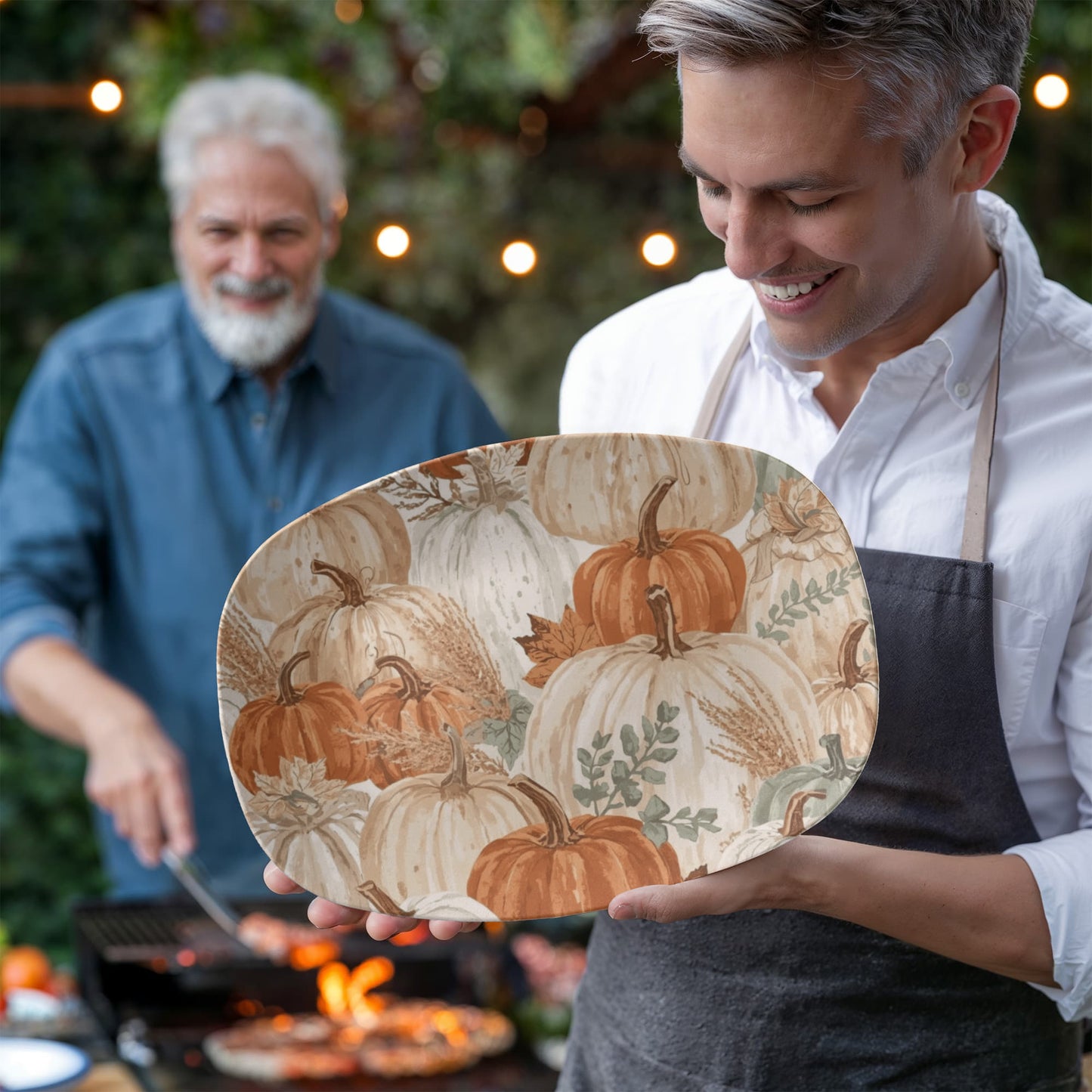 Rustic Thanksgiving serving tray with harvest pumpkin design.
