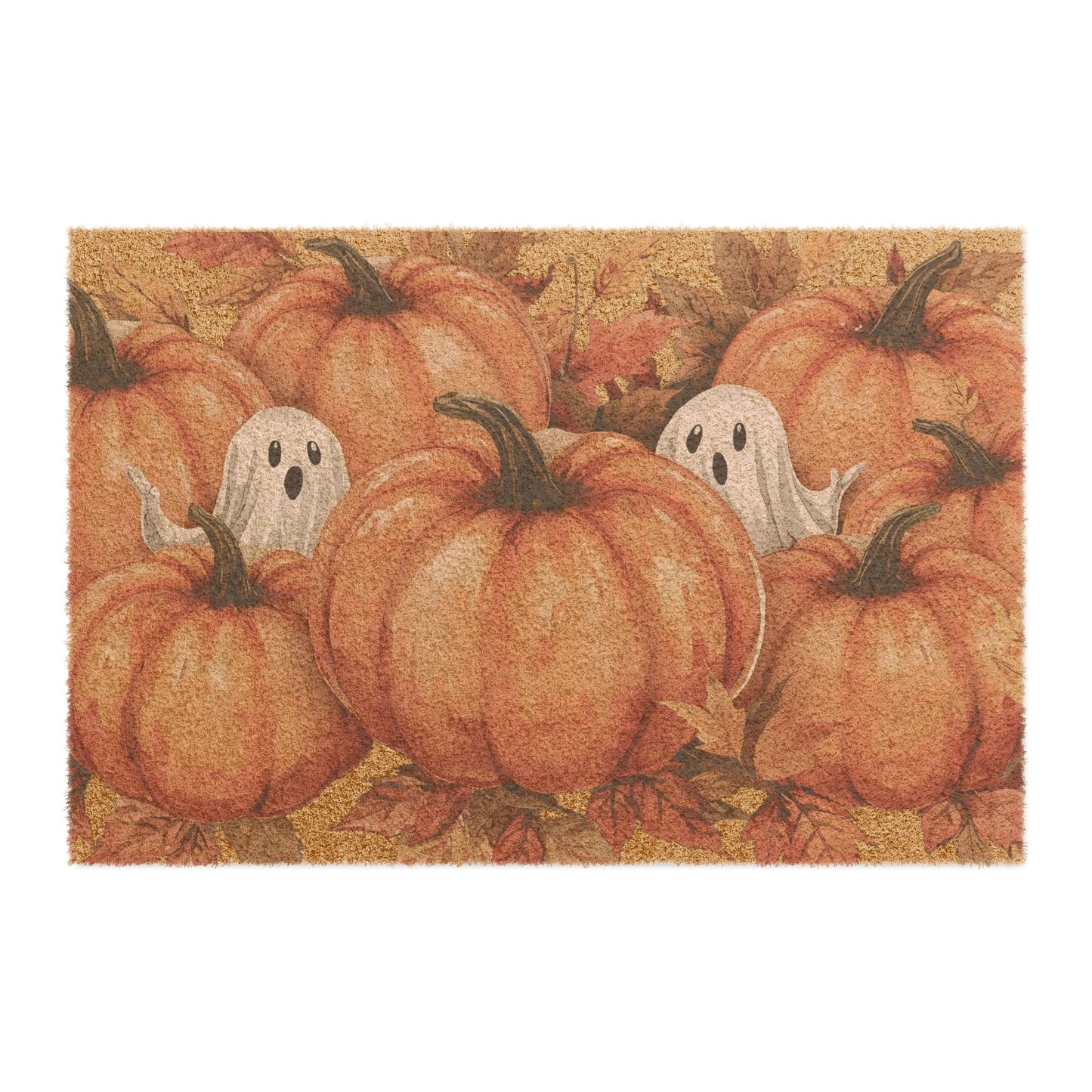 Doormat with pumpkins and ghosts design on a textured surface