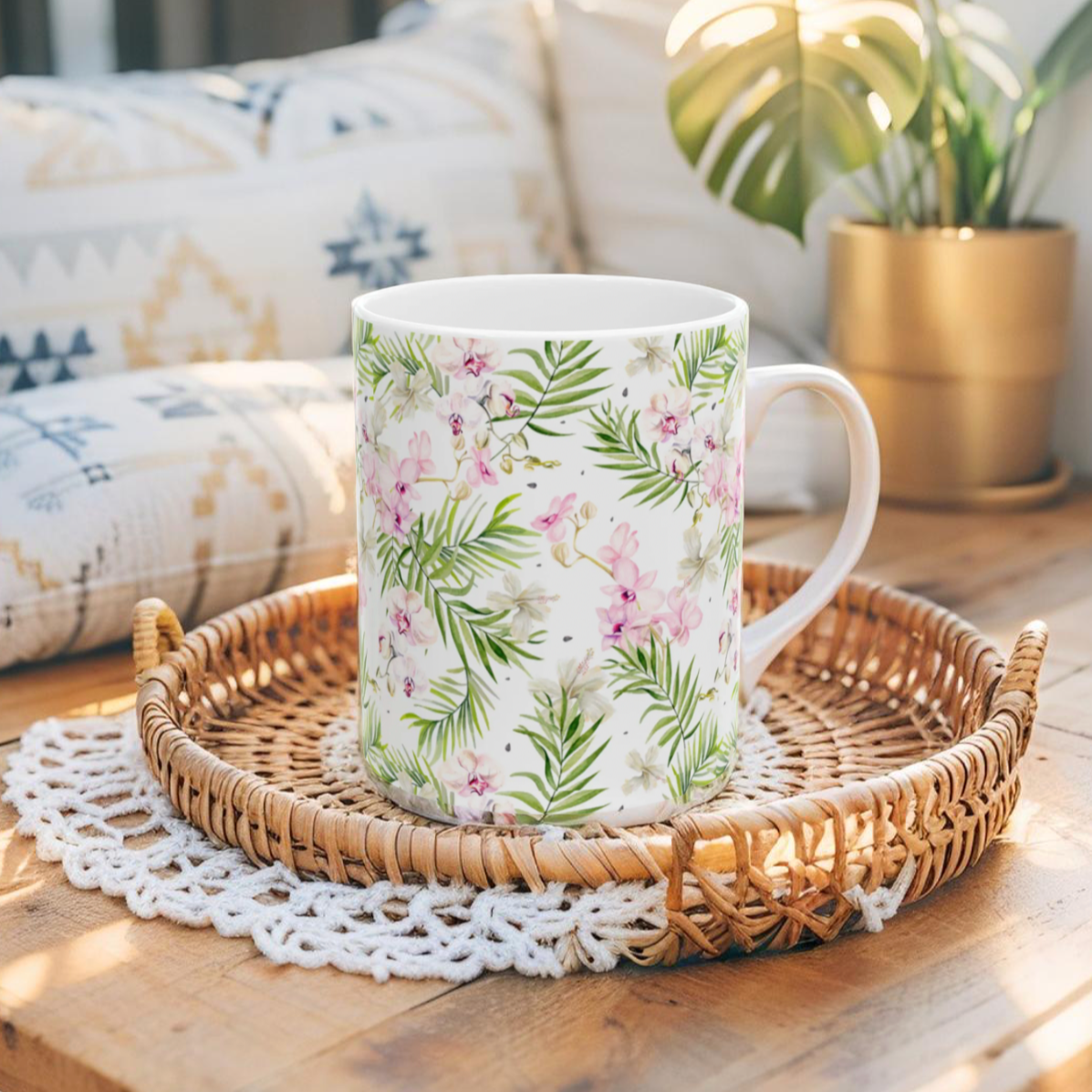 Summer gift mug with tropical floral design for beach and garden lovers