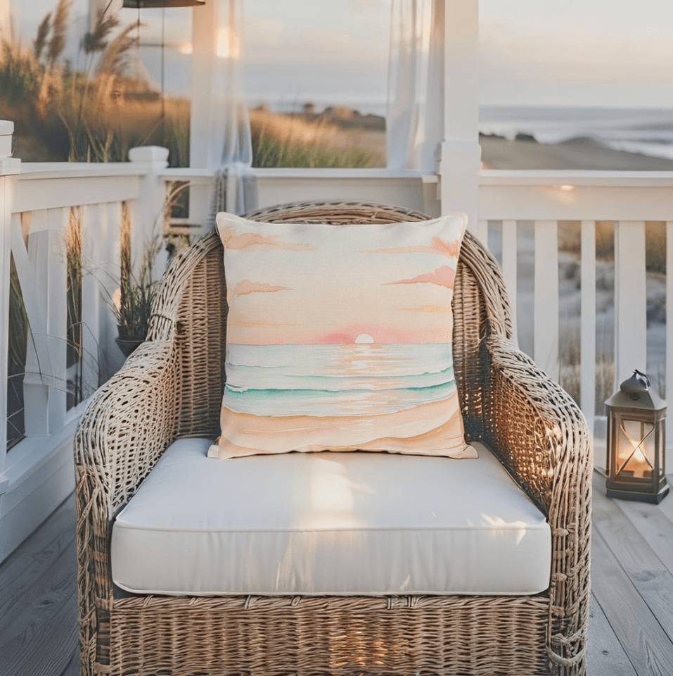 Sunset beach outdoor pillow perfect for adding coastal charm to your patio