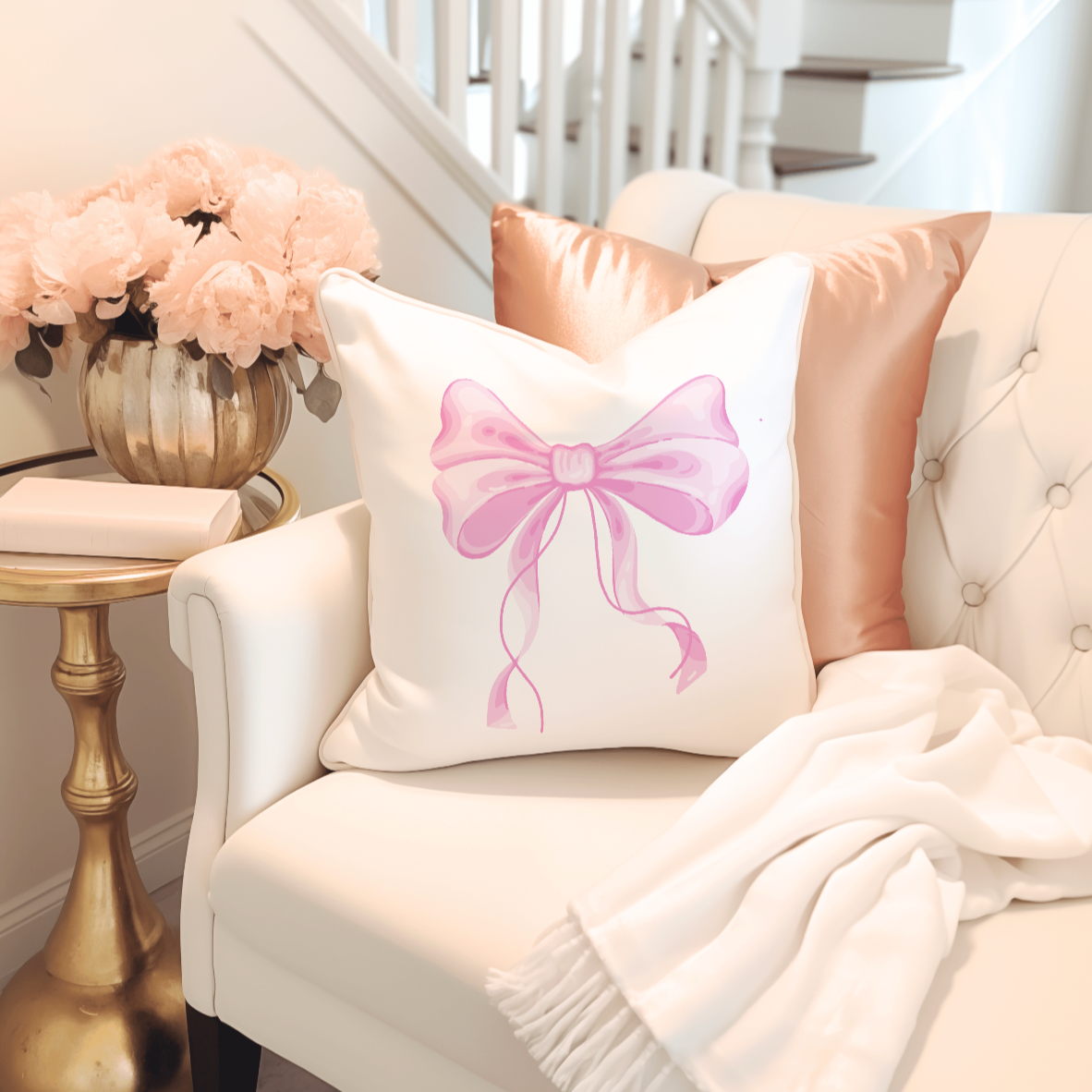 Trendy coquette throw pillow in blush pink with satin bow