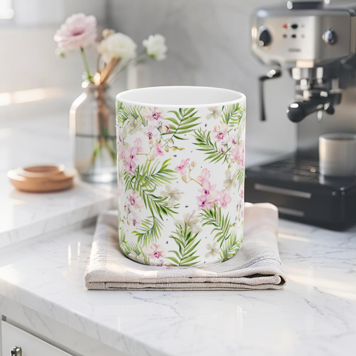 Tropical drinkware coffee mug with floral pattern for summer vibes.
