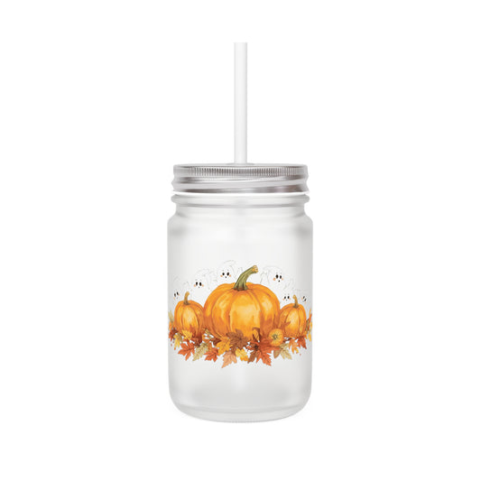Halloween Pumpkin Coffee Cup with Straw – Frosted Glass Cup with Lid, Festive Fall Drinkware for Iced Coffee