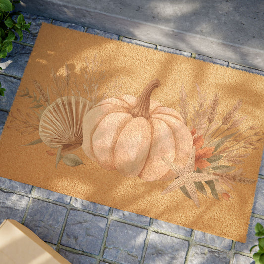 Pumpkin Fall Coastal Outdoor Mat – Rustic Autumn Welcome Doormat for Front Porch & Entryway