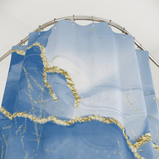 Elegant Coastal Blue Marble Shower Curtain with Gold Accents