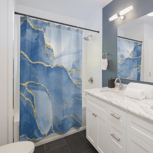 Elegant Coastal Blue Marble Shower Curtain with Gold Accents