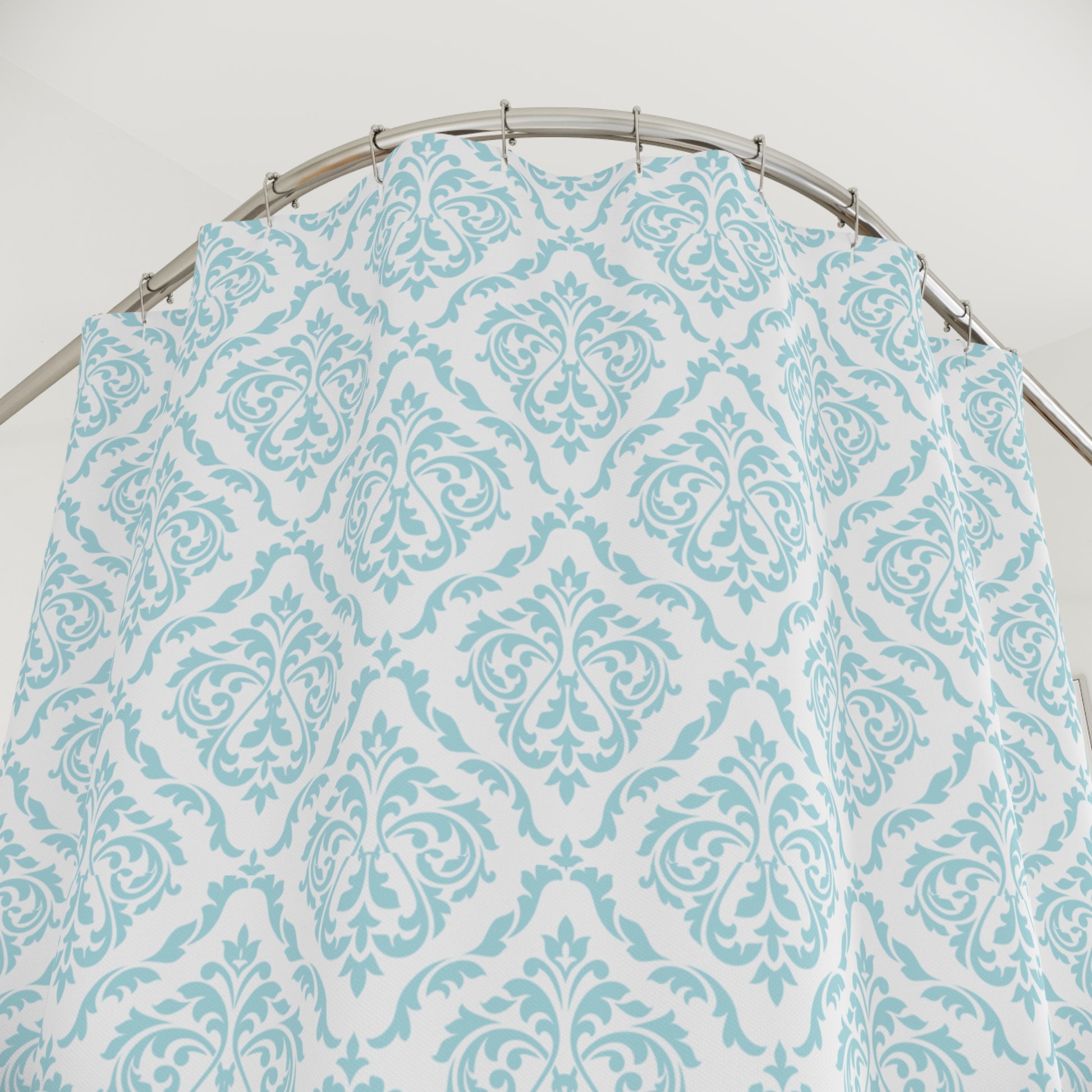 Elegant aqua damask shower curtain perfect for a coastal-style bathroom